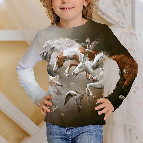 Mädchen 3D Tier Pferd T-Shirt Langarm 3D-Druck Herbst Winter Aktiv Modisch kinderkleidung 3-12 Jahre Outdoor Täglich Regular Fit Image