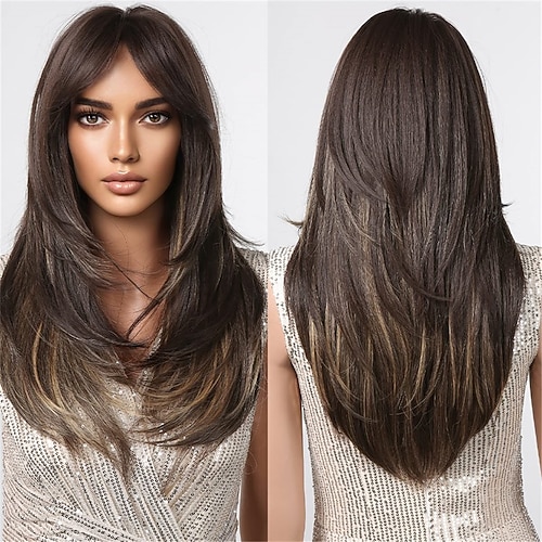Blonde braune Ombre-Perücken für schwarze Frauen, lange, geschichtete, gerade Perücken mit Air Bangs, synthetische Perücken, natürliches Haar für den täglichen Partygebrauch, Barbiecore-Perücken Image