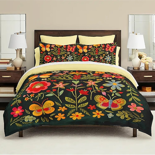 Vintage-Bettbezug-Set mit Schmetterlingsmuster, weiches 3-teiliges Luxus-Baumwoll-Bettwäsche-Set, Heimdekoration, Geschenk, King-Size-Bettbezug Image