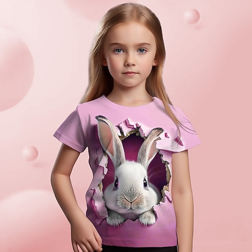 Ostern Mädchen 3D Graphic Karikatur Hase Kaninchen T-Shirt Kurzarm 3D-Druck Sommer Frühling Aktiv Modisch Kuschelig kinderkleidung 3-12 Jahre Outdoor Casual Täglich Regular Fit Image
