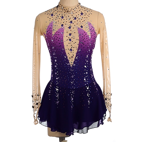 Eiskunstlaufkleid Damen Mädchen Eislaufen Kleider Burgund Königsblau Violett Daumenloch Rückenfrei Spandex Hochelastisch Ausbildung Wettbewerb Eiskunstlaufkleidung Kristalle Langarm Eislaufen Image