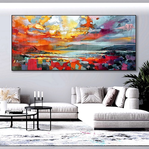 reines handgemaltes Sonnenuntergang-Meer-Himmel-Ozean-Strand-Landschaft bunte abstrakte Wandkunst extra großes Panorama-Ölgemälde auf Leinwand Image