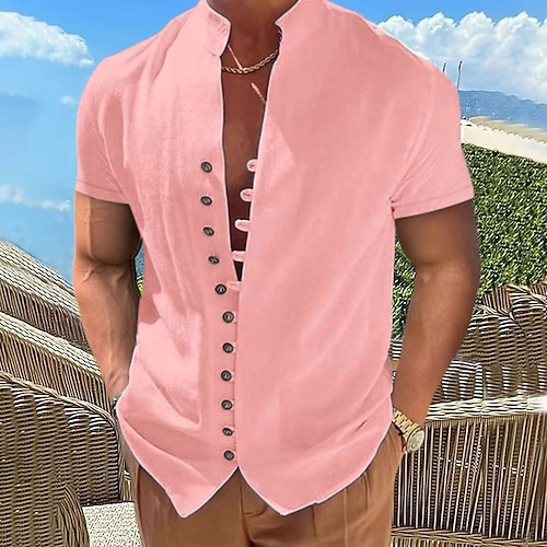 Herren Leinenhemd Sommerhemd Strandbekleidung Knopfhemd Einfach Urlaub Kreuzfahrt Schwarz Weiß Rosa Blau Kurzarm Stehkragen Frühling Sommer Bekleidung Basic Image