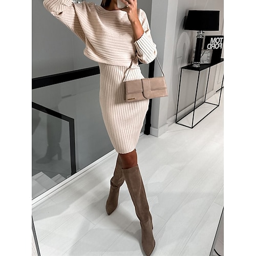 Damen Kleid-Set Pulloverkleid Freizeitkleid Etui-Kleid Mode Streetwear Einfach Gerippt Midikleid Langarm Rundhalsausschnitt Outdoor Date Schwarz Beige Herbst Winter Normale Passform Image
