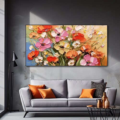 3D-Blumen-Ölgemälde mit schwerer Textur auf Leinwand, handgemalt, moderne, farbenfrohe Blumenkunst, Wanddekoration für Mädchenzimmer, abstrakte Palettenmesser-Blumenmalerei, Einweihungsgeschenk Image