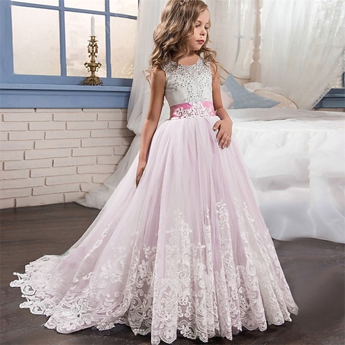 kinderkleidung Mädchen Blumenmädchen Kleid Kleid Ärmellos Hochzeit Party Schleife Elegant Vintage Spitze Tüll Maxi 4-13 Jahre Weiß Rosa Rote Image