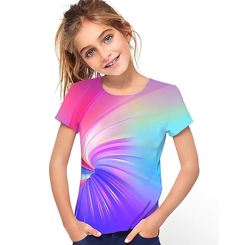 Mädchen 3D Graphic Geometrisch Farbblock T-Shirt Kurzarm 3D-Druck Sommer Sport Modisch Strassenmode kinderkleidung Sportlich Image