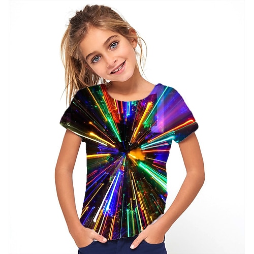 Mädchen 3D Graphic Geometrisch Farbblock T-Shirt Kurzarm 3D-Druck Sommer Sport Modisch Strassenmode kinderkleidung Sportlich Image