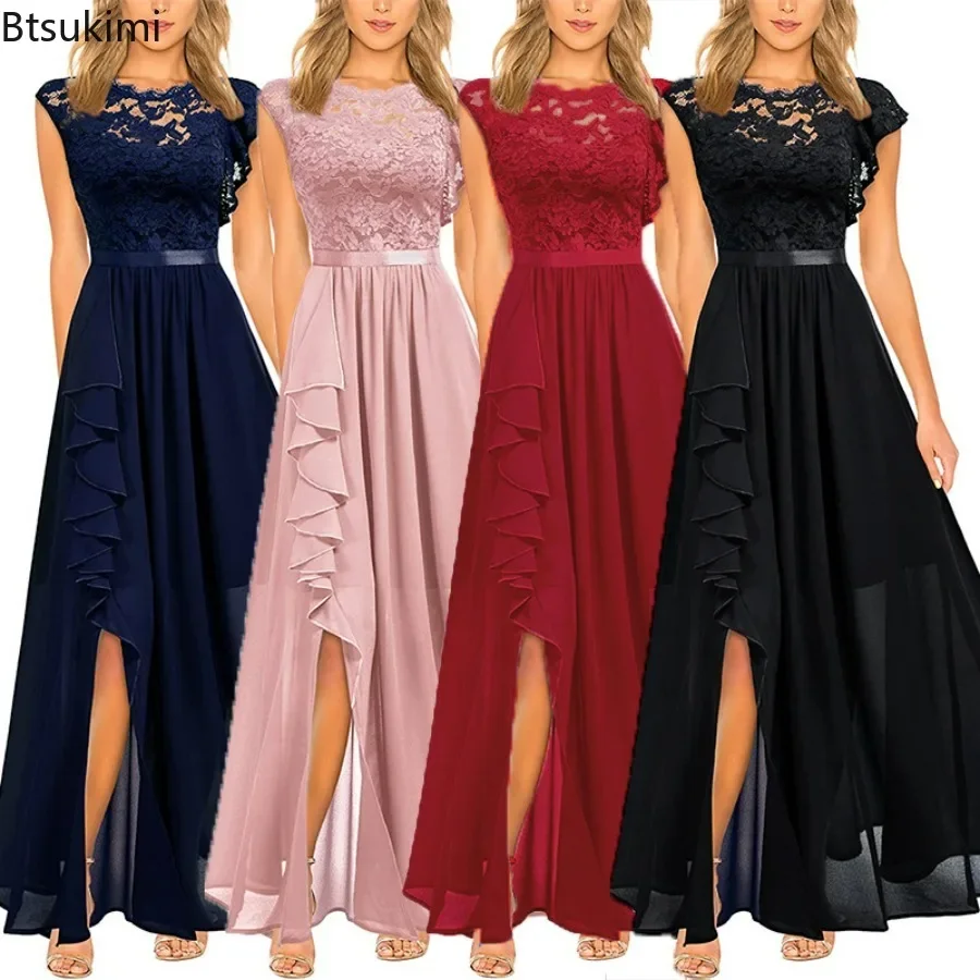 2026 Abito lungo lungo elegante da donna a vita alta girocollo abito da sposa moda abito abito vintage in chiffon di pizzo impiombato