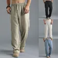 Pantaloni grandi da uomo pantaloni Casual in lino di cotone pantaloni larghi a gamba larga stringati