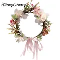 HoneyCherry Children's Headdress Wreath Headband Pink Ribbon Bow Headband Flower Hair