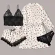 Love print Sleepwear Women's Sexy V-Neck Satin Summer Women's 4-Piece Lace Top With Shorts Paired