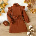 Girls' Woolen Dress 2023 New Children's Autumn Winter New High Neck Flying Sleeve Lace up Knitted