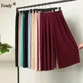 Women Ladies Pleated Wide Leg Pants Summer Casual Loose Solid Chiffon Trousers Stretch Waist Boho