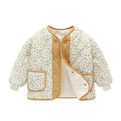 Girls plush short jacket 2024 autumn/winter new floral button cotton corduroy goose children's plush