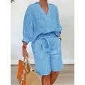 Camicia primavera estate cotone e lino abito donna manica lunga moda pizzo tasca casual pantaloncini