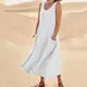 Vintage Sleeveless Tank Dress Women Elegant Round Neck Solid Cotton Linen Vestidos Summer Casual