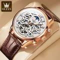 OLEVS New Automatic Mechanical Skeleton Watch for Men Moon Phase Dial Leather Strap Waterproof