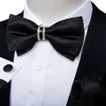 Solid Black Pre-tied Bowtie with Diamond Half Ring Decor Fashion Pocket Square Cufflinks Set