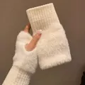 Mink Fleece Soft Winter Half Finger Gloves Women Warm Luxury Solid White Plush Knitted Fingerless