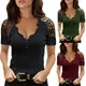 Summer Women'S 5Xl Casual V Neck Lace Short Sleeve T Shirt Sexy Solid Color Office Ladies Top