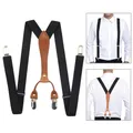 Men Black Suspenders Belt with Leather Polyester Elastic Clip-on Braces Adjustable Back Black Braces