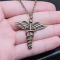 Dropshipping Antique Bronze Color 40x40mm Caduceus Medical Symbol Pendant Necklace For Women