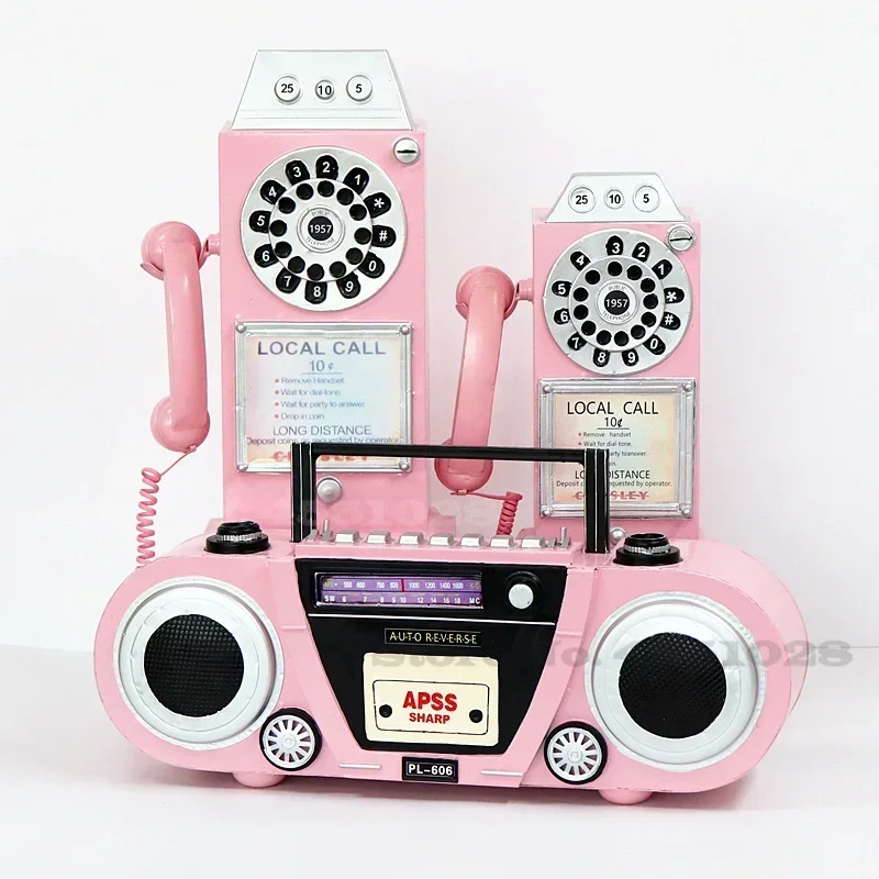 American Retro Pink Telephone Wall Pendant Radio Model Ornament for Red Shop Decoration Window Display Vintage Phone Design