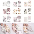 3 Pieces Newborn Baby Floral Print Swaddle Wrap Knotted Beanie Hat Bowknot Headband Set Infant