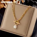 DIEYURO 316L Stainless Steel OT Clasp Large Pearl Pendant Necklace For Women New Girls 2-Layer Chain