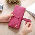 Vintage Women Long Standard Wallets Purse Fold Drawstring Nubuck Leather Zipper Suede Bag Female