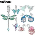 WOSTU 925 Sterling Silver Different Side Enamel Hummingbird Charm Heart Glass Bird Body Peacock