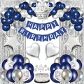 Navy Blue Silver Happy Birthday Decor Kit Boys&Girls Banner Crown Balloon Fingam Curtain CakeTop