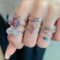 Women's Cute 925 Silver Zircon Rings Chic Fairy Color Matching Heart Water Drop Diamond Irregular