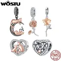 WOSTU 925 Sterling Silver Rose Gold Two-Tone Lovely Cat Charms Rose Pendant Mom Hollow Beads Fit