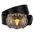 Western Embossed Genuine Leather Men Belts Golden Cowboy Longhorn Bull Pattern Floral Engraved