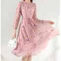 EVNISI donna elegante stampa floreale abito rosa Casual a maniche lunghe Slim a-line abiti donna
