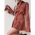 Woman Front Button Collect Waist Flare Long Sleeve Poket Mini Gaby Shirt Dress