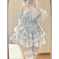 2023 autunno blu Lolita abbigliamento vestito Slim gilet + Kawaii Y2k Mini abito elegante abito