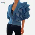 Fdfklak Autumn New Korean Fashion Slim V-Neck Ruffled Long-Sleeved Short Denim Jacket For Women