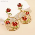 Metal Round Red Flower Dangle Post Earrings For Women Green Leaves Classic Party Accessories