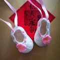 Grey Crochet Baby Ballerina Shoes in Cotton with Pink Crochet Flower Spring and autumn Crochet Baby