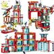 HUIQIBAO Fire Station Model Building Blocks Truck Helicopter Car Firefighter Bricks City Educational