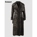 Nerazzurri Autumn Extra Long Oversized Leopard Print Trench Coat for Women with Back High Slit