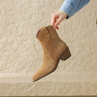 2023 Autumn Cow Suede Women Boots Pointed Toe Chunky Heel Boots for Women Fashion Short Boots Winter Boots Women Western Boots