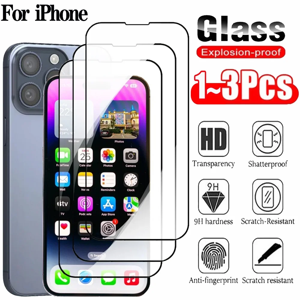 1~3pcs Protective Glass For iPhone 17 16 15 Pro Max Screen Protectors iPhone 14 13 12 11 Pro Max Tempered Glass iPhone 17 Pro Max Pelicula Cristal Templado iPhone 17 ProMax Anti-Scratch Phone Front