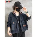 Vintage Women Hooded Denim Jacekt Oversized 4xl Spring Fall New Cowboy Coats Loose Short Casual