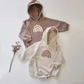 INS Baby Boys Oversized Romper Toddler Girls Rainbow Hoodie Romper Autumn Spring Long Sleeve Beige