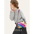 CEZIRA Fashion Small Rainbow Colorful Stripes Handbag Women PU Leather Patchwork Square Flap Metal