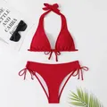 2024 Sexy Halter Bikini Swimsuit Low Waisted Black/Red/Rose Beach Bathing Suit Cheap Bandage